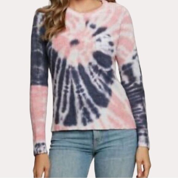 Belle By Belldini Tie Dye Crewneck Sweater Ribbed Knit Top Blue Pink M - Picture 1 of 7